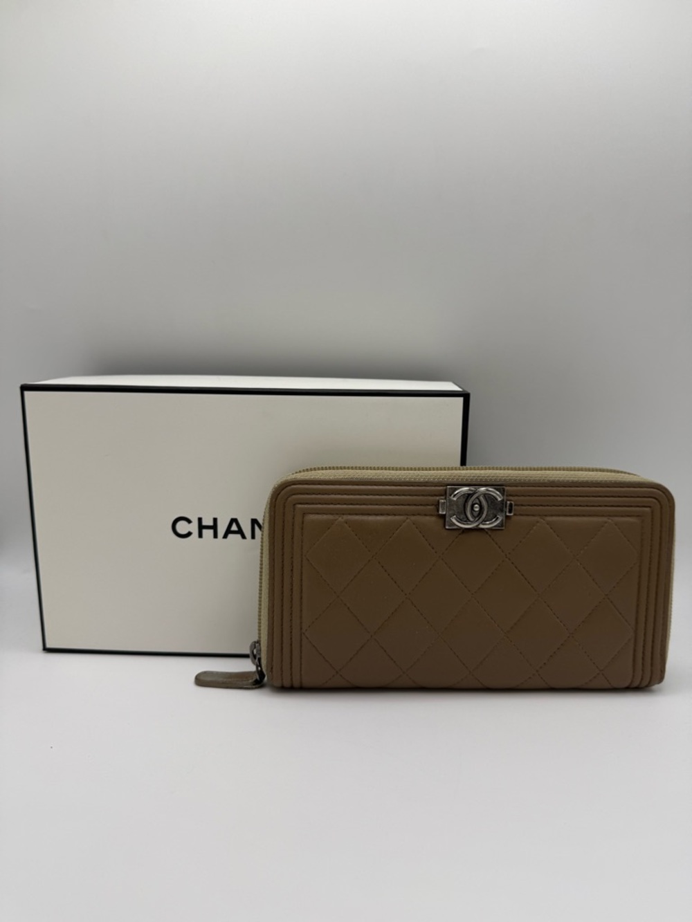 Chanel Boy Quilted Zip Around Wallet with Box
